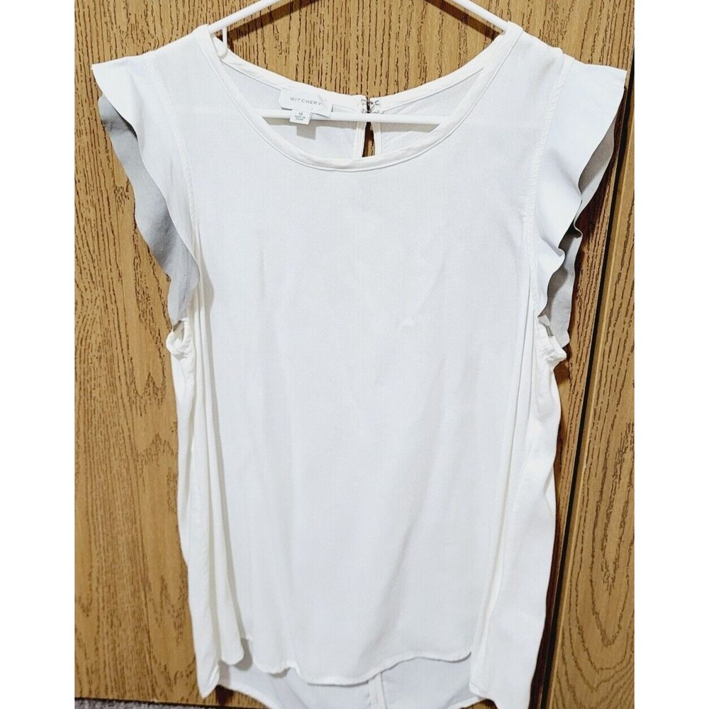 WITCHERY Women's White Silky Elegant Blouse Leather Cap Sleeves Sz 14!!!